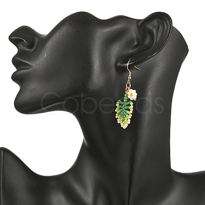304 Stainless Steel Glass Seed Beads Leaf Dangle Earrings EJEW-MZ00558-1