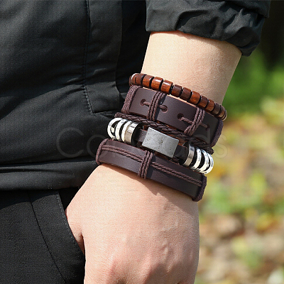 1Pc Cowhide & Imitation Leather Cord Knitted Multi-strand Bracelets AJEW-GF0011-50F-1