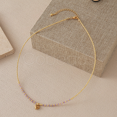 Stainless Steel Heart Pendant Faceted Round Natural Amethyst with Miyuki Beaded Necklaces UF0843-9-1