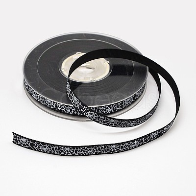 Halloween Ornaments Spider Web Pattern Printed Grosgrain Ribbons SRIB-L005-9mm-02-1