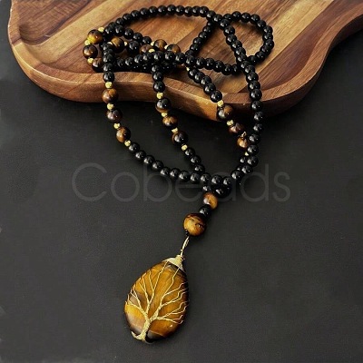 Natural Tiger Eye Copper Wire Wrapped Tree of Life Teardrop Pendant Black Round Beaded Necklaces for Men EF1555-1