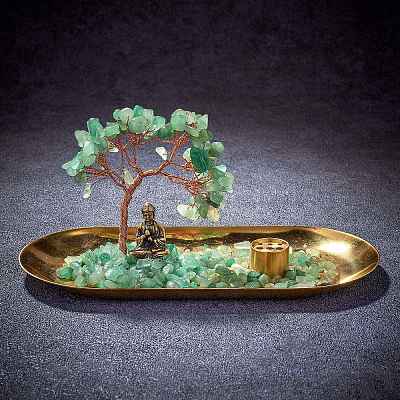 Natural Green Aventurine Chips with Brass Incense Burner Holder DJEW-G027-19RG-04-1