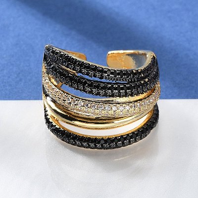 Rack Plating Brass Multi Line Open Cuff Ring RJEW-C065-01G-1