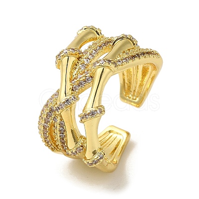 Brass Cubic Zirconia Bamboo Open Cuff Ring X-RJEW-Z019-01G-1