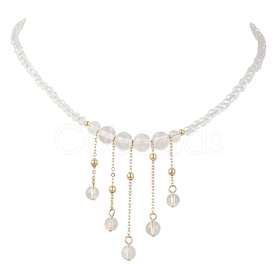 Round Natural Quartz Crystal & Glass Graduated Beaded Tassel Necklaces with Brass Cable Chains for Women NJEW-TA00236-1