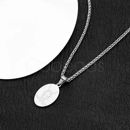 Sports 304 Stainless Steel Cross Oval Pendant Necklaces WG153EA-05-1