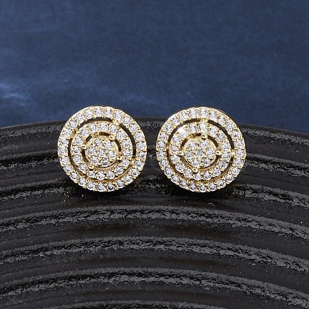 Brass Micro Pave Clear Cubic Zirconia Flat Round Stud Earrings EJEW-H165-05G-1