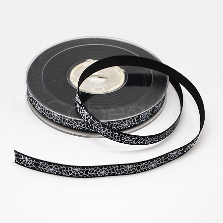 Halloween Ornaments Spider Web Pattern Printed Grosgrain Ribbons SRIB-L005-9mm-02-1