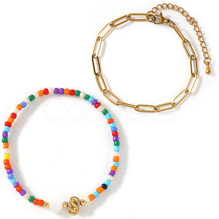 2Pcs 2 Styles Glass Seed Beads & Natural Shell & 304 Stainless Steel Beads Stretch Bracelest & Brass Paperclip Chain Bracelets Set for Women GY4605-19-1