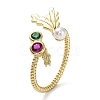 Rack Plating Brass Micro Pave Cubic Zirconia Open Cuff Ring with Plastic Pearl Beaded RJEW-Q777-15G-1