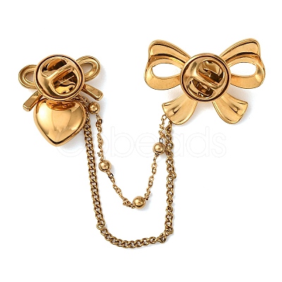 Bowknot & Heart 304 Stainless Steel & Plastic Pearl Hanging Chain Brooches JEWB-G049-02G-1