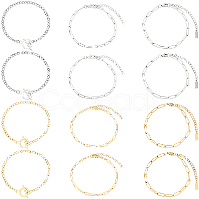 12Pcs 6 Styles 304 Stainless Steel Chains Bracelets for Men Women BJEW-SC0001-64-1