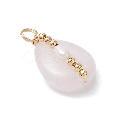 Copper Wire Wrapped Natural Rose Quartz & Natural Cultured Freshwater Pearl Beads Pendants PALLOY-JF03645-01-1