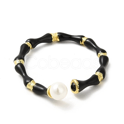 Black Enamel Bamboo Joint Open Cuff Ring with ABS Plastic Pearl Beaded RJEW-H120-08G-1