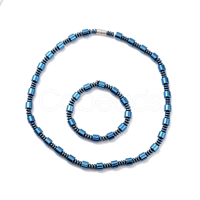 Synthetic Hematite & Brass Column Beaded Necklace Bracelet with Magnetic Clasps SJEW-G079-01A-1