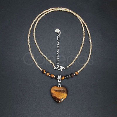 Natural Gemstone Heart Pendant Colorful Glass Seed Beads Beaded Necklaces for Women VA8487-4-1