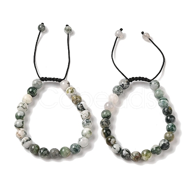 8mm Round Natural Tree Agate Braided Bead Bracelets BJEW-C067-01B-01-1