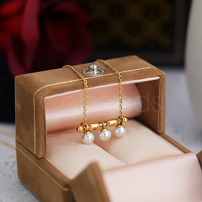 Three Round Glass Pearl Horizontal Bar Pendant 304 Stainless Steel Cable Chain Necklaces for Women WG28E74-01-1