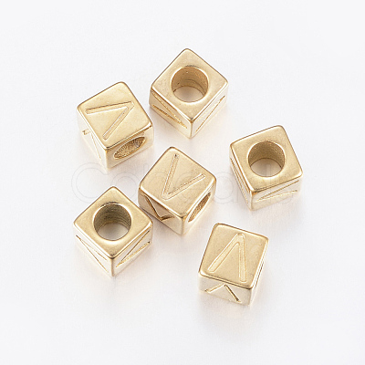 304 Stainless Steel Large Hole Letter European Beads X-STAS-H428-01G-V-1