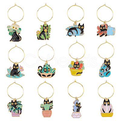 DICOSMETIC Plant Cat Alloy Enamel Wine Glass Charms AJEW-DC0001-37-1