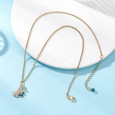 Cat with Flower Brass Pave Blue and Clear Cubic Zirconia Pendant 304 Stainless Steel Cable Chain Necklaces for Women NJEW-JN05715-1