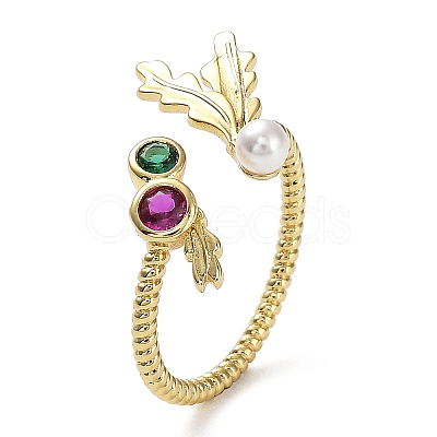 Rack Plating Brass Micro Pave Cubic Zirconia Open Cuff Ring with Plastic Pearl Beaded RJEW-Q777-15G-1