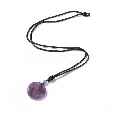 Natural Amethyst Flat Round with Flower of Life Pendant Necklace with Nylon Cord for Women NJEW-P274-02-02-1