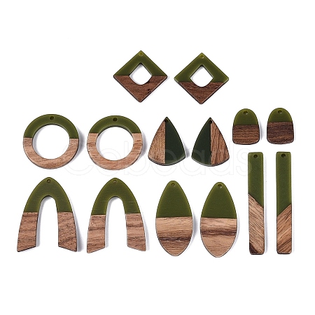 14Pcs 7 Styles Opaque Resin & Walnut Wood Pendants RESI-N053-09-1