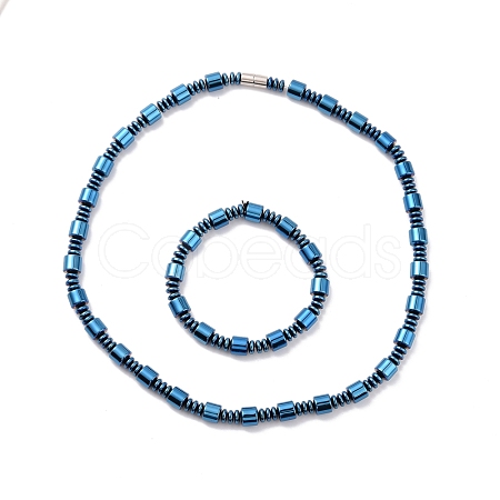 Synthetic Hematite & Brass Column Beaded Necklace Bracelet with Magnetic Clasps SJEW-G079-01A-1