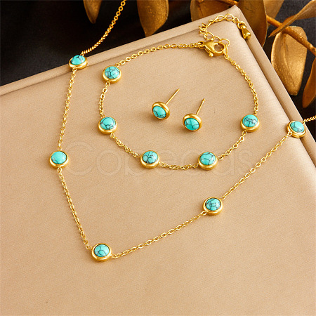 Stainless Steel & Synthetic Turquoise Chain Necklace & Bracelet & Stud Earring FS-WG047CA-07-1