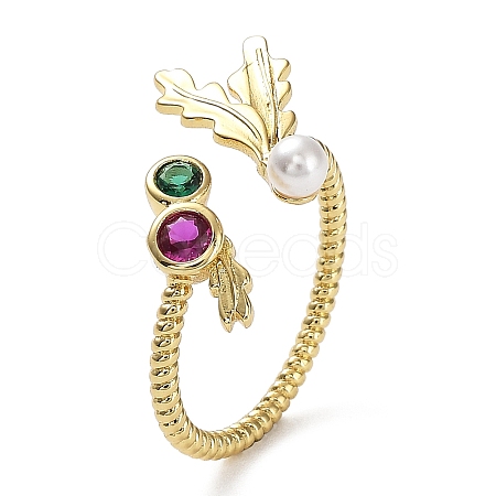 Rack Plating Brass Micro Pave Cubic Zirconia Open Cuff Ring with Plastic Pearl Beaded RJEW-Q777-15G-1