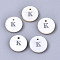 Natural Freshwater Shell Pendants, with Platinum Plated Iron Etched Metal Embellishments, Flat Round with Initial Letter, White, Letter.K, 11x2mm, Hole: 1.5mm