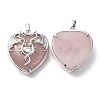 Natural Rose Quartz Heart Pendant Rhinestone Settings G-K339-01P-04-2