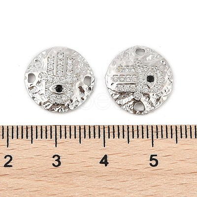 Brass Micro Pave Clear Cubic Zirconia Disc with Hamsa Hand Connector Charms KK-P300-24P-01-1