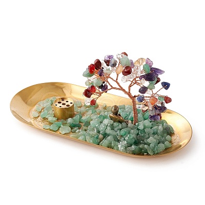 Natural Gemstone Chips with Brass Incense Burner Holder DJEW-G027-19RG-02-1