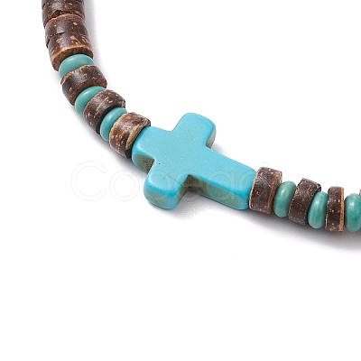 Cross Natural Coconut & Synthetic Turquoise Beads Stretch Bracelets for Men BJEW-JB11389-01-1