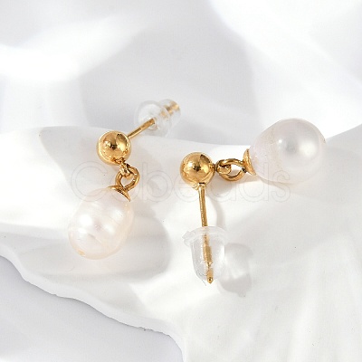 304 Stainless Steel Natural Freshwater Pearl Dangle Stud Earrings X-EJEW-G423-20G-1