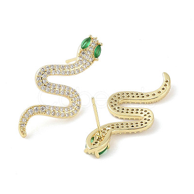 Snake Brass Pave Clear & Green Cubic Zirconia Stud Earrings for Women EJEW-L285-002G-1