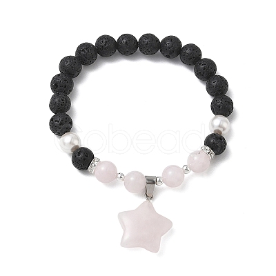 Natural Madagascar Rose Quartz & Lava Rock & Shell Pearl Charm Bracelets BJEW-JB13707-01-1
