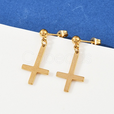 Christian Upside Down Cross 201 Stainless Steel Dangle Stud Earrings LS-EJEW-P314-01A-G-1