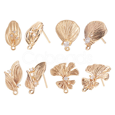 8Pcs 4 Styles Brass with Clear Cubic Zirconia Stud Earring Findings KK-TA0002-61-1