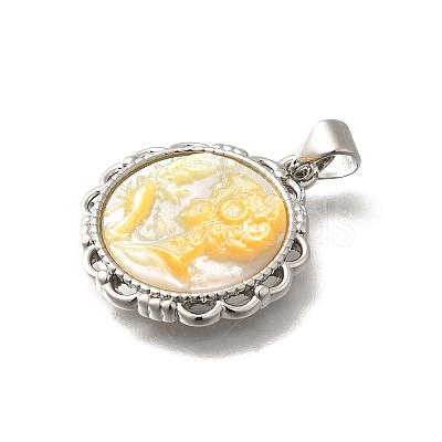 Brass with Natural Shell Carved Pendants KK-Z091-05P-03-1