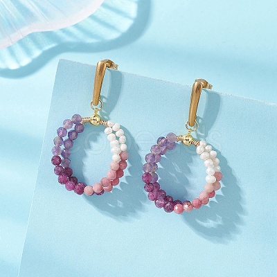 Natural Amethyst & Natural Rhodonite & Natural Ruby Faceted Round & Natural Cultured Freshwater Pearl Bead & 304 Stainless Steel Stud Dangle Earrings EJEW-JE07229-02-1