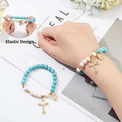 Synthetic Turquoise Round Beaded Stretch Bracelet BJEW-PH01531-02-1