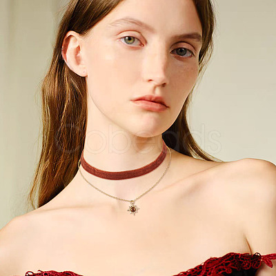 Alloy Resin Sun Pendant Single Face Dark Red Velvet Ribbon & Brass Chain Double Layered Choker Necklaces NJEW-TAC0039-1