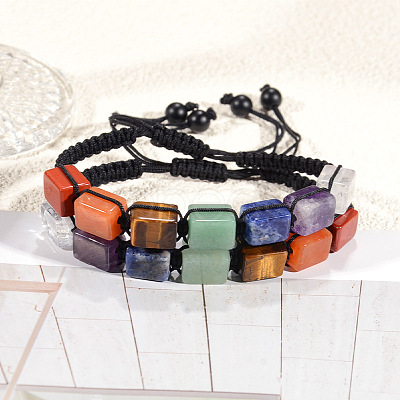 Natural Quartz Crystal & Amethyst & Sodalite & Green Aventurine & Red Aventurine & Tiger Eye & Red Jasper Cuboid Beaded Braided Bead Bracelets FS-WGE3E5A-03-1