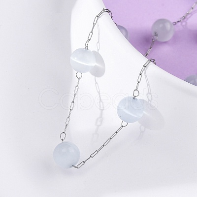304 Stainless Steel Cat Eye Round Beads Handmade Chain Necklaces for Women NJEW-C073-01P-06-1