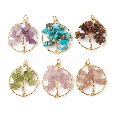 6Pcs 6 Styles Natural Mixed Gemstone Chip Pendants PALLOY-JF02595-1