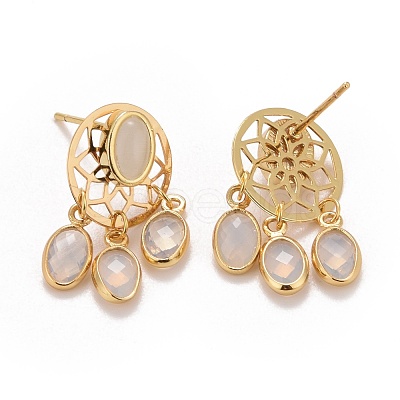 Rack Plating Brass Woven Net Dangle Stud Earrings with Oval Glass for Women EJEW-I265-09G-1