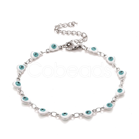 Enamel Heart with Evil Eye Link Chains Bracelet BJEW-P271-07P-02-1